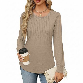 Women Long Sleeve Shirts Casual Dressy Pleated Blouses
