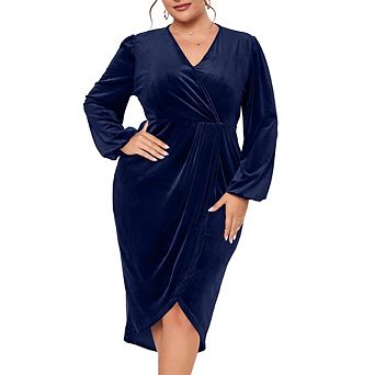 Womens Plus Size Long Sleeve Velvet Bodycon Dresses Ruched Wrap Deep V Neck Party Cocktail Dress