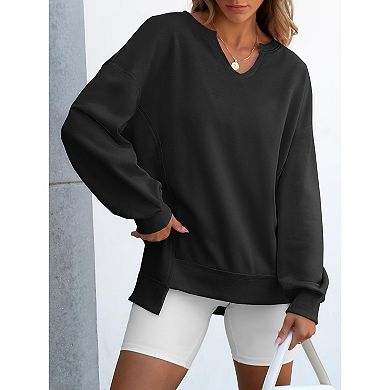 Women Oversized Striped V Neck Sweatshirt Long Sleeve Color Block Pullover Tops