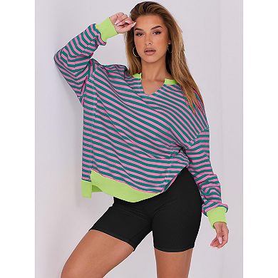 Women Oversized Striped V Neck Sweatshirt Long Sleeve Color Block Pullover Tops