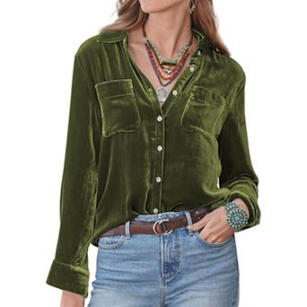 Velvet Shirt for Women Long Sleeve Button Down Vintage Blouse Lapel Casual Tops with Pockets