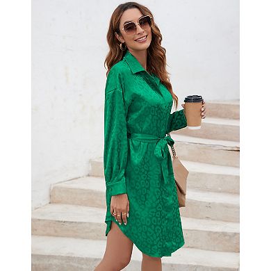 Women's Satin Shirt Dress Leopard Print Long Sleeve Button Down Dresses with Belt