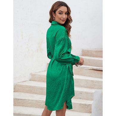 Women's Satin Shirt Dress Leopard Print Long Sleeve Button Down Dresses with Belt