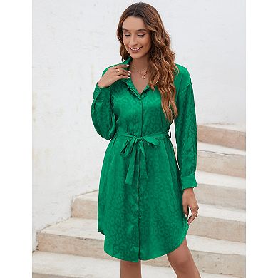 Women's Satin Shirt Dress Leopard Print Long Sleeve Button Down Dresses with Belt