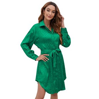 Women's Satin Shirt Dress Leopard Print Long Sleeve Button Down Dresses with Belt