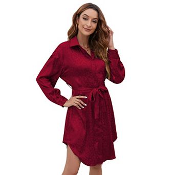 Women's Satin Shirt Dress Leopard Print Long Sleeve Button Down Dresses with Belt