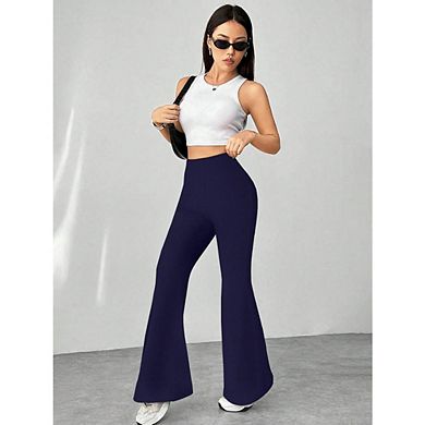 Womens High Waist Solid Color Bootcut Leggings Flared Pants Casual Trousers