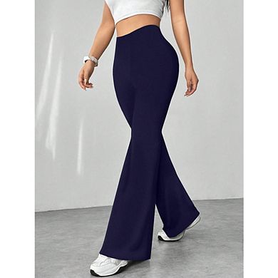 Womens High Waist Solid Color Bootcut Leggings Flared Pants Casual Trousers