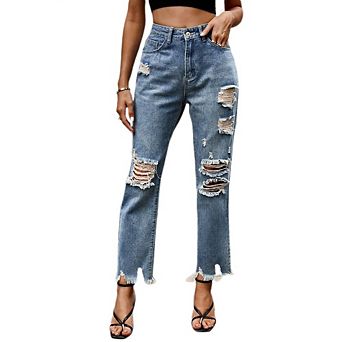 Women's Ripped Jeans Straight Leg High Waisted Cropped Distressed Boyfriend Denim Pants