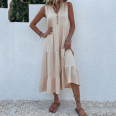 Women Sleeveless Midi Dress Button V Neck Swing Sundress