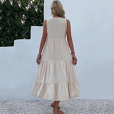 Women Sleeveless Midi Dress Button V Neck Swing Sundress