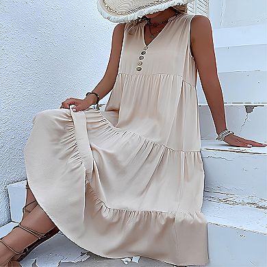 Women Sleeveless Midi Dress Button V Neck Swing Sundress