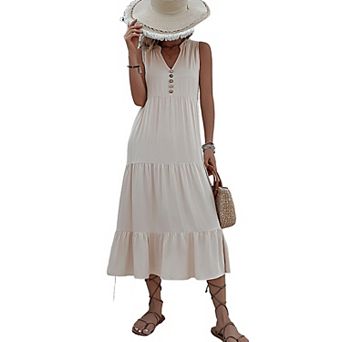 Women Sleeveless Midi Dress Button V Neck Swing Sundress