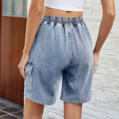 Women Stretchy Denim Shorts Casual Drawstring Jean with Pockets