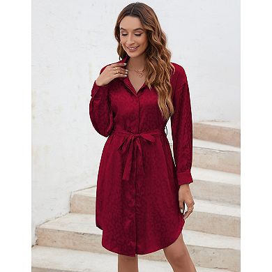 Women's Satin Shirt Dress Leopard Print Long Sleeve Button Down Dresses with Belt