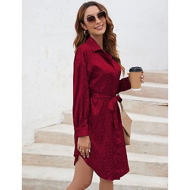 Women's Satin Shirt Dress Leopard Print Long Sleeve Button Down Dresses with Belt