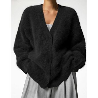 Womens Fuzzy Cardigan Sweater V Neck Long Sleeve Button Down Slouchy Furry Knit Sweaters