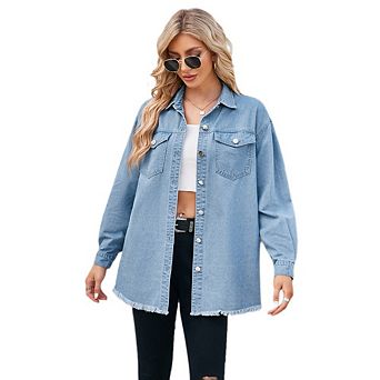 Women’s Denim Jean Jacket Oversized Button Up Frayed Hem Shacket Long Sleeve Pockets Tops