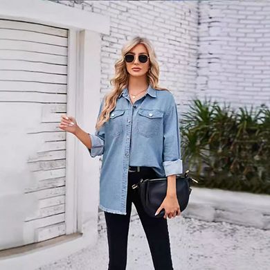Women’s Denim Jean Jacket Oversized Button Up Frayed Hem Shacket Long Sleeve Pockets Tops