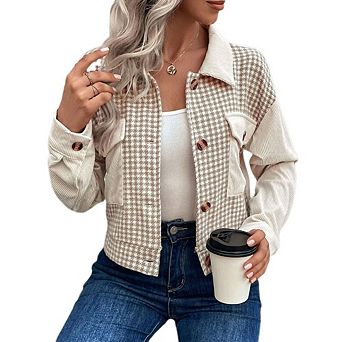 Womens Crop Shacket Button Down Corduroy Shacket Jackets Casual Plaid Block Long Sleeve Jackets Tops