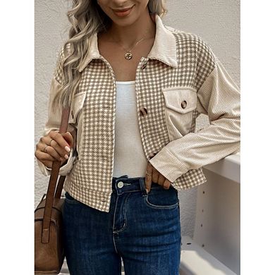 Womens Crop Shacket Button Down Corduroy Shacket Jackets Casual Plaid Block Long Sleeve Jackets Tops