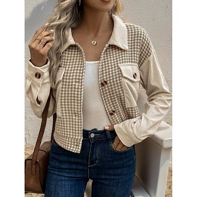 Womens Crop Shacket Button Down Corduroy Shacket Jackets Casual Plaid Block Long Sleeve Jackets Tops