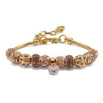 PalmBeach Jewelry Round Crystal Goldtone Hanging Heart Charm Bracelet 7 to 9-inch