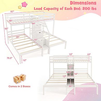 Gymax Wooden Bunk Bed w/ 4-Step Storage Staircase Guardrail​