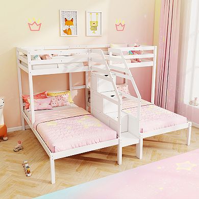 Gymax Wooden Bunk Bed w/ 4-Step Storage Staircase Guardrail​