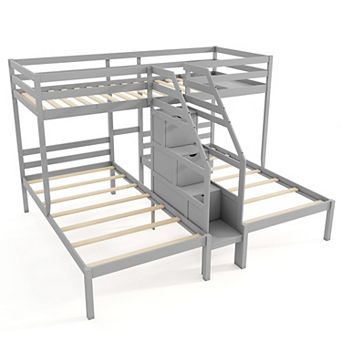 Gymax Wooden Bunk Bed w/ 4-Step Storage Staircase Guardrail​