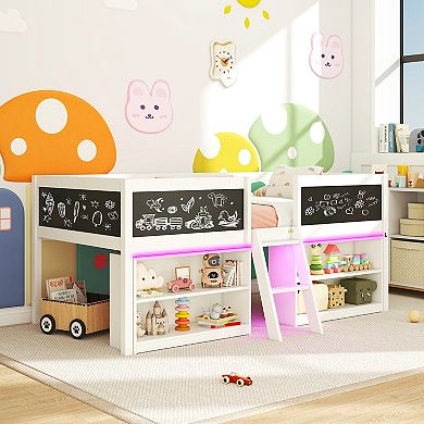 Gymax Low Loft Bed Wooden Bed Frame Kid's Cabin Bed w/ Bookcases