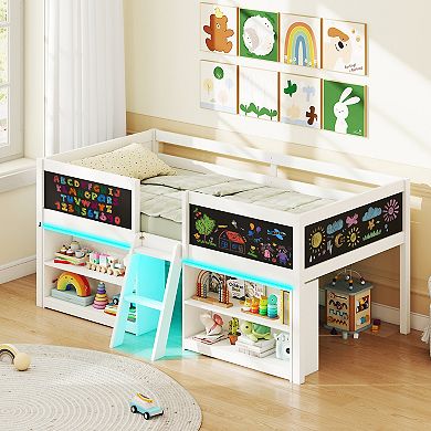 Gymax Low Loft Bed Wooden Bed Frame Kid's Cabin Bed w/ Bookcases