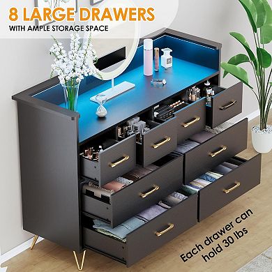 8 Drawer Wooden Dresser Charging Station Music Sync RGB App Voice Control Scratch Resistant