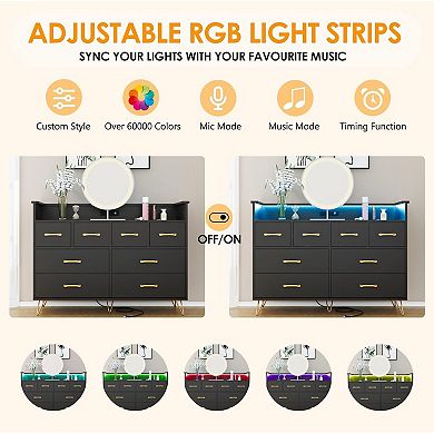8 Drawer Wooden Dresser Charging Station Music Sync RGB App Voice Control Scratch Resistant