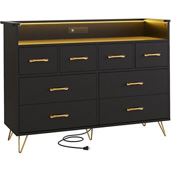8 Drawer Wooden Dresser Charging Station Music Sync RGB App Voice Control Scratch Resistant