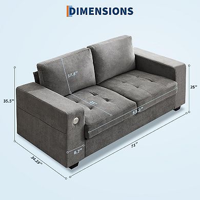 70" Loveseat Sofa, Cloud Couch with USB/Type-C Ports, Removable Covers, Solid Wood, Grey
