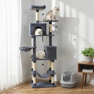 Gymax Tall Cat Tree w/2 Condos Sisal Scratching Posts Plush Perch Hammock Basket
