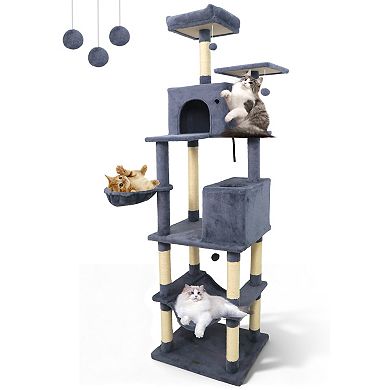 Gymax Tall Cat Tree w/2 Condos Sisal Scratching Posts Plush Perch Hammock Basket