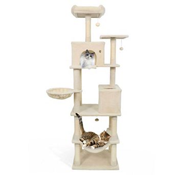Gymax Tall Cat Tree w/2 Condos Sisal Scratching Posts Plush Perch Hammock Basket