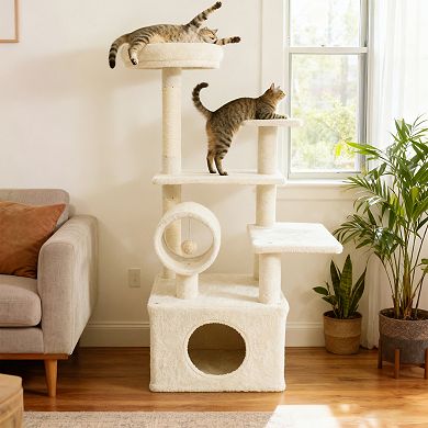 Gymax Tall Cat Tree w/ Large Condo Padded Top Perch Jute Scratching Post Tunnel