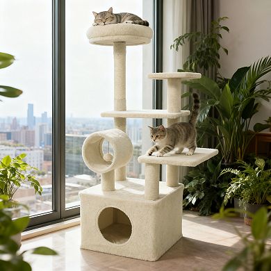 Gymax Tall Cat Tree w/ Large Condo Padded Top Perch Jute Scratching Post Tunnel