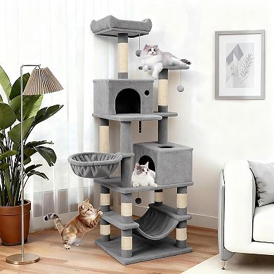 Gymax Tall Cat Tree w/2 Condos Sisal Scratching Posts Plush Perch Hammock Basket