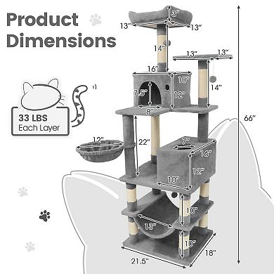 Gymax Tall Cat Tree w/2 Condos Sisal Scratching Posts Plush Perch Hammock Basket