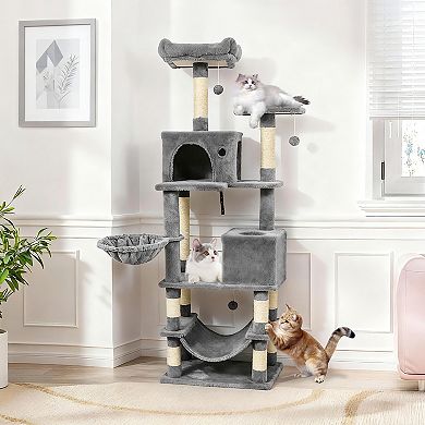 Gymax Tall Cat Tree w/2 Condos Sisal Scratching Posts Plush Perch Hammock Basket