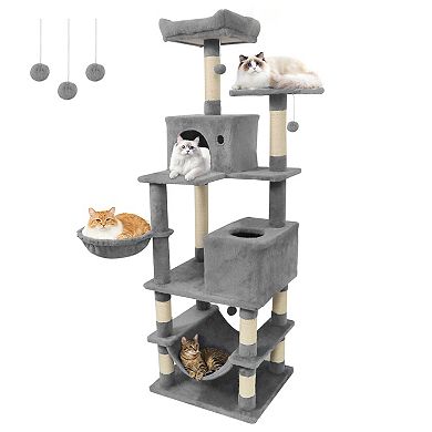Gymax Tall Cat Tree w/2 Condos Sisal Scratching Posts Plush Perch Hammock Basket