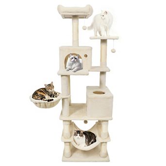 Gymax Tall Cat Tree w/2 Condos Sisal Scratching Posts Plush Perch Hammock Basket