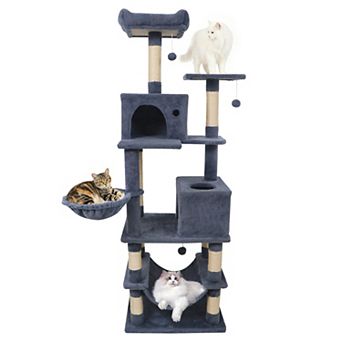 Gymax Tall Cat Tree w/2 Condos Sisal Scratching Posts Plush Perch Hammock Basket