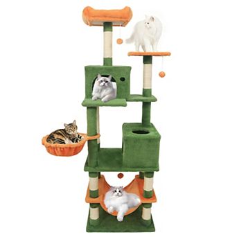 Gymax Tall Cat Tree w/2 Condos Sisal Scratching Posts Plush Perch Hammock Basket