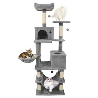 Gymax Tall Cat Tree w/2 Condos Sisal Scratching Posts Plush Perch Hammock Basket