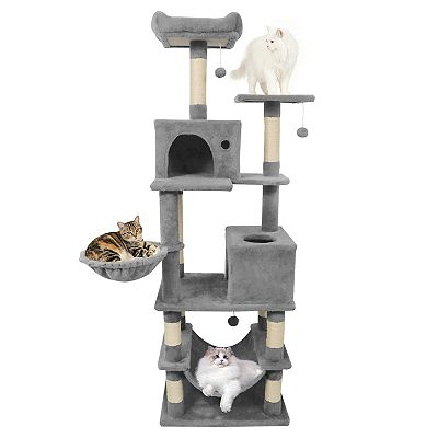 GYMAX 66" Tall Cat Tree W/2 Condos Sisal Scratching Posts Plush Perch Hammock Basket